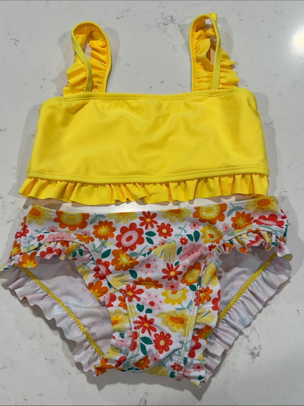 Yellow Ruffle Two-Piece Girls' Swim Set with Floral Bottom Soft